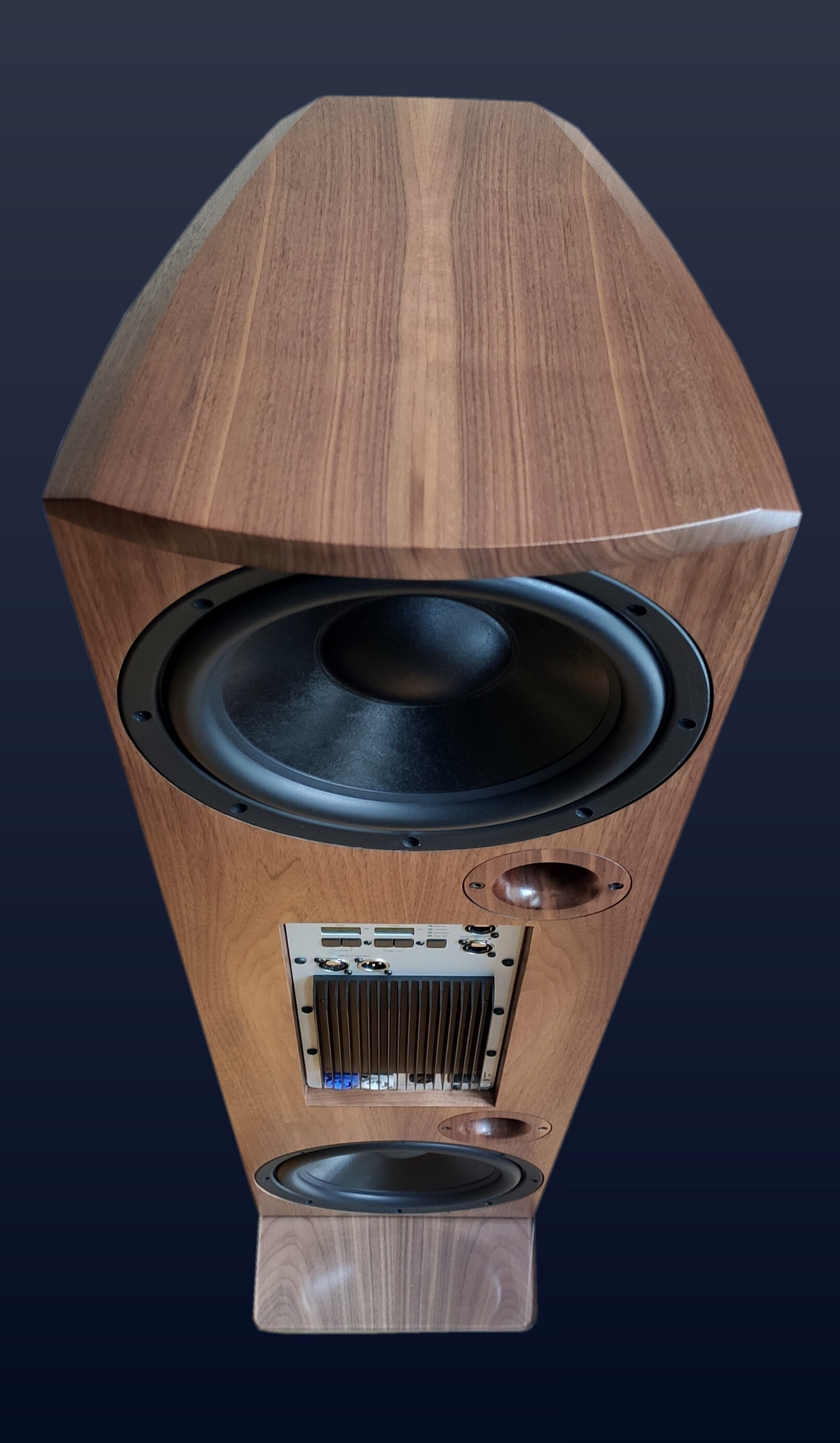 Achterkant van actieve speaker van notenhout